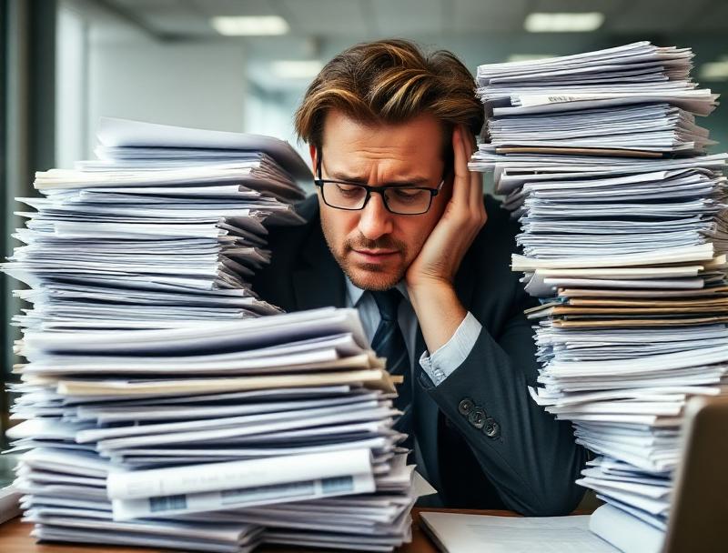 Business professional overwhelmed by stacks of documents needing review