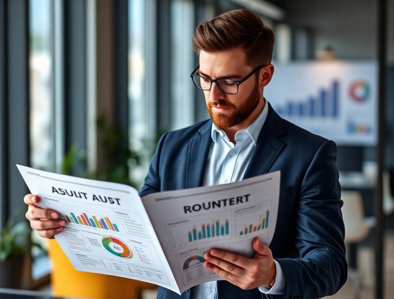 Business professional reviewing detailed audit report with charts and analytics