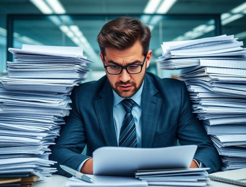 Business owner overwhelmed by manual paperwork and repetitive tasks