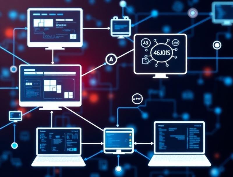 Connected technology systems visualization showing multiple software applications linked together