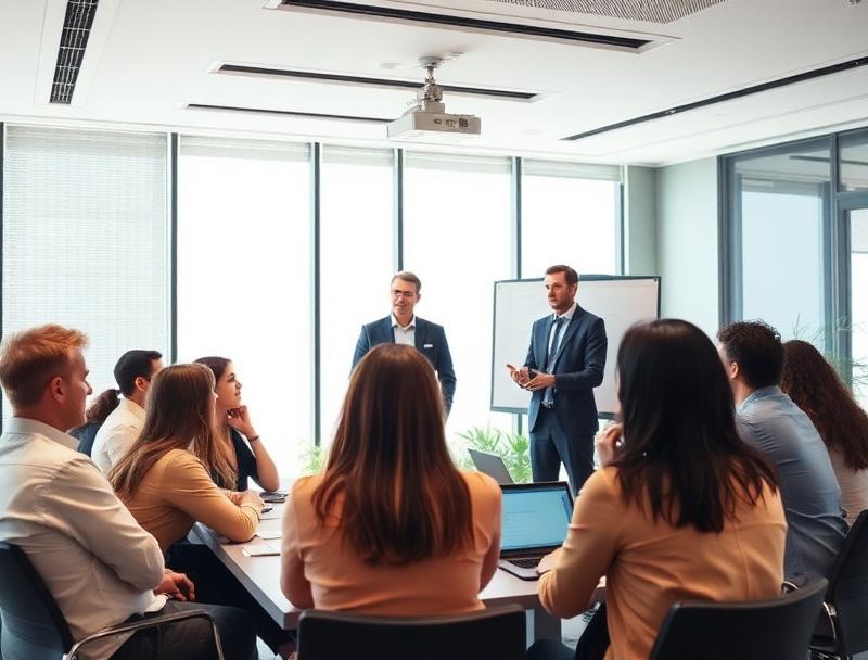 Professional team training session in modern conference room with collaborative learning